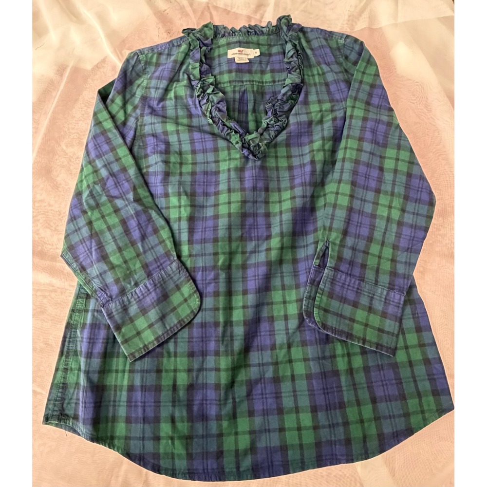 Vineyard Vines Womens Black Watch Plaid Ruffle V-Neck Cotton Blouse Green Navy 8